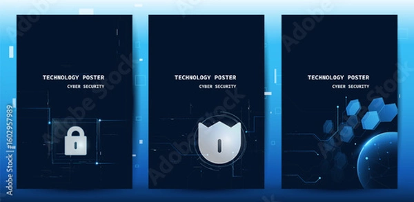 Fototapeta Cyber Security Technology Poster Set. Digital Protection And Data Security Concept