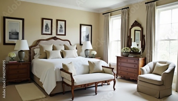 Fototapeta A bedroom interior with antique furniture and artwork.