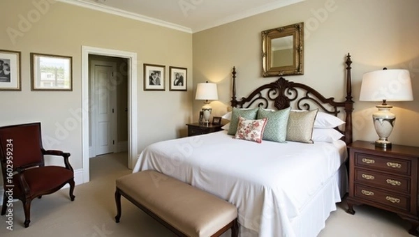 Obraz A bedroom with a substantial bed and matching furniture.