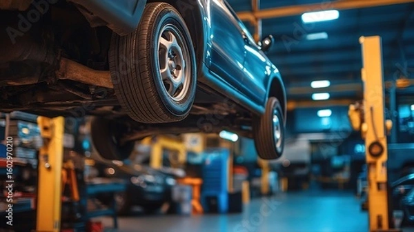 Fototapeta A car is elevated on a hydraulic lift inside a well-equipped auto repair shop with tools and equipment in the background.
