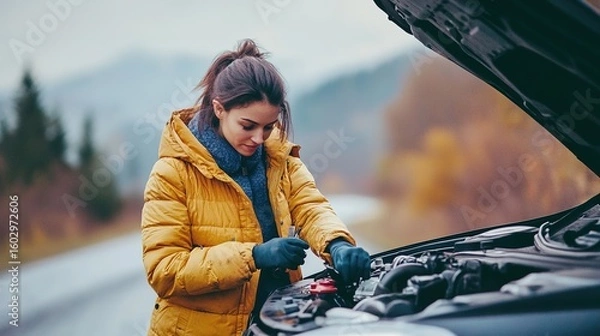 Fototapeta A woman in a yellow jacket inspects the engine of her car on a roadside with autumn trees and mountains in the background.