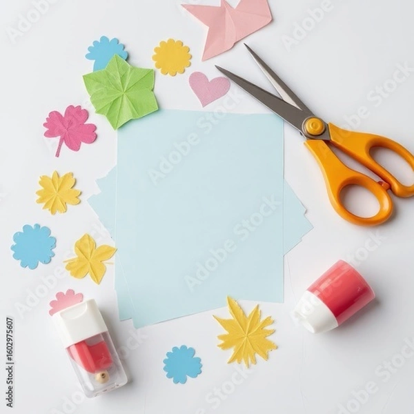 Fototapeta Cut-out paper shapes and scissors placed casually on white surface, with glue stick nearby for a creative mess vibe