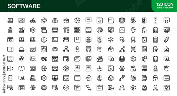 Fototapeta Software solutions visualized in bold style – Professional vector line icon set featuring coding, development, cloud, cybersecurity, UI, DevOps, API, SaaS