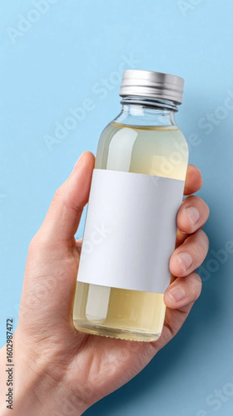 Obraz Hand holding clear bottle of juice with blank label for product mockup. minimal presentation showing fresh packaging on simple blue background for branding