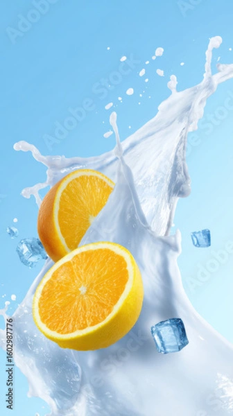 Obraz Fresh juicy orange citrus fruit creating cool liquid burst. dynamic splash with an ice cube on blue background captures refreshing moment and healthy concept