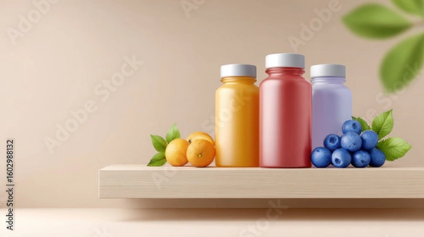 Obraz Vibrant trio of fresh juice bottles on minimal wooden shelf with apricot and blueberry. healthy, refreshing, and natural beverage concept for wellness and nutrition