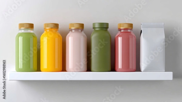 Obraz Colorful row of assorted fresh juice and healthy drink in glass bottle on minimalist shelf. Refreshing beverage concept with product container and pouch for vitality
