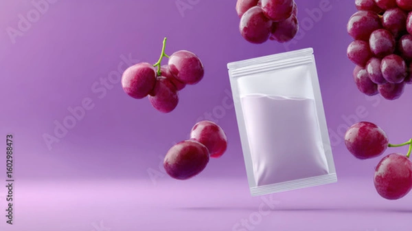 Obraz Refreshing grape juice product in white pouch mockup floats with fresh fruit against vibrant purple background. This commercial packaging concept showcases healthy beverage