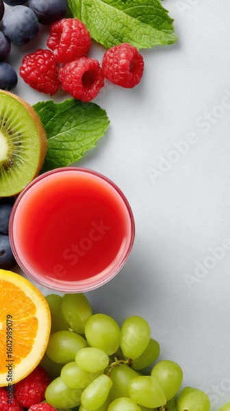 Obraz Healthy glass of fresh fruit juice with berry, kiwi, grape, and orange. vibrant vertical composition on clean background perfect for summer refreshment and diet