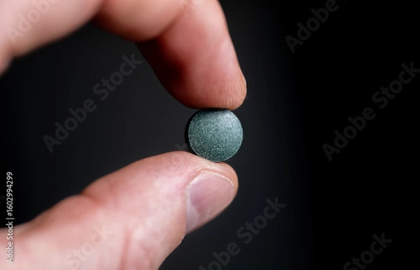 Fototapeta Single green round tablet held between fingers on dark background. Dietary supplement and pharmaceutical medicine concept. Macro shot photography.