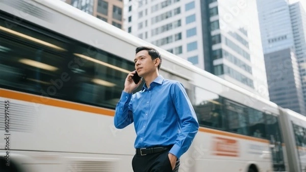 Fototapeta Man in blue shirt talking on phone while standing near a moving bus in an urban setting