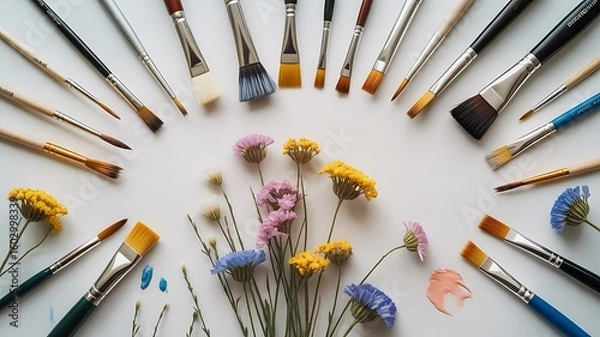 Obraz Artistic arrangement of assorted paintbrushes surrounding delicate dried flowers on a white surface