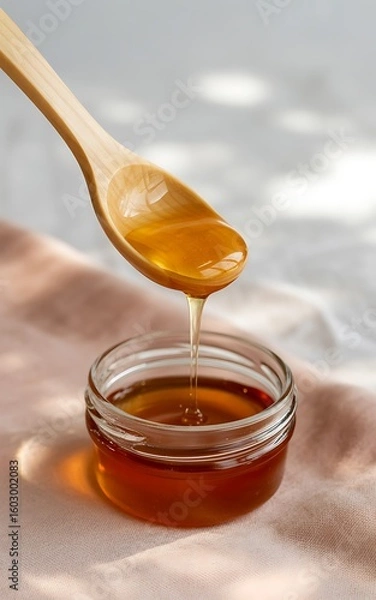 Obraz Golden honey dripping from a wooden spoon into a small glass bowl on a textured surface