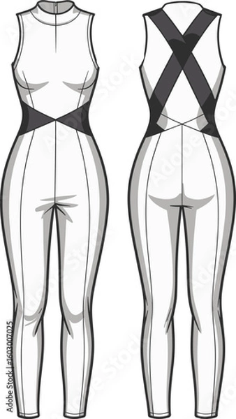 Obraz Cad drawing flat vector illustration of sleeveless jumpsuit template with high neck, diagonal stripe detail, front and back view