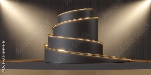 Fototapeta A luxurious 3D podium with spiraled layers and gold accents illuminated by spotlights, creating an elegant and modern display scene ideal for showcasing premium products.