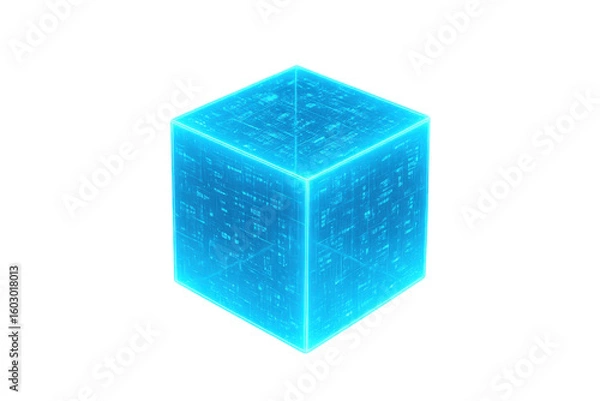 Fototapeta Futuristic glowing blue cube rotating, showcasing intricate circuit board patterns, ideal for technology and innovation concepts