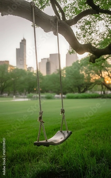 Obraz A solitary swing hangs from a large tree branch overlooking a grassy park with city buildings in the distance