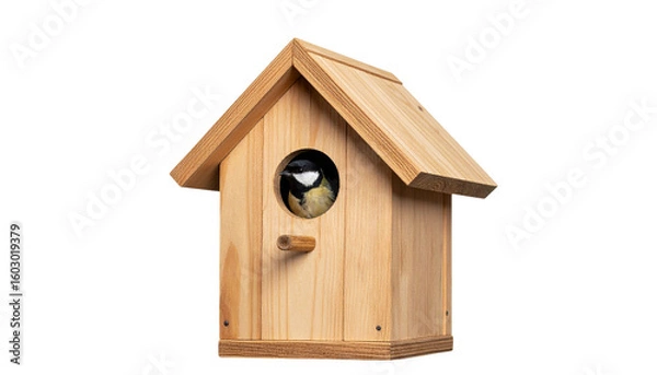 Fototapeta Bird peeking out of handmade birdhouse in spring garden isolated on white background
