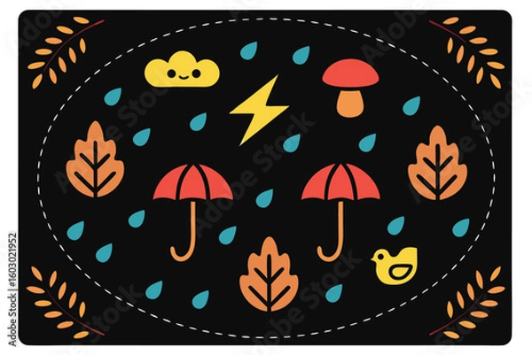Fototapeta Whimsical autumn scene with umbrellas rain cloud lightning bird fall season