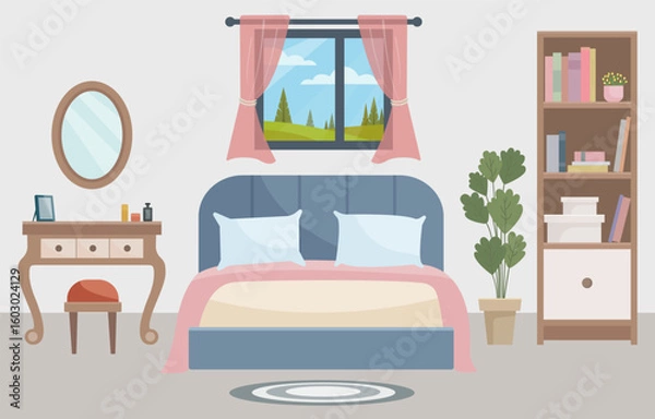 Fototapeta Warm and cozy bedroom with a comfortable bed, soft light lamp, window, dressing table and indoor plant. Summer interior. Interior concept. Ideal for websites, social media posts, blogs and interior 