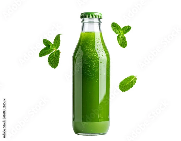 Fototapeta Floating bottle of green detox juice with a sleek glass design, droplets and fresh mint garnish visible, PNG
