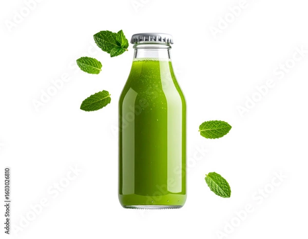 Fototapeta Floating bottle of green detox juice with a sleek glass design, droplets and fresh mint garnish visible, PNG