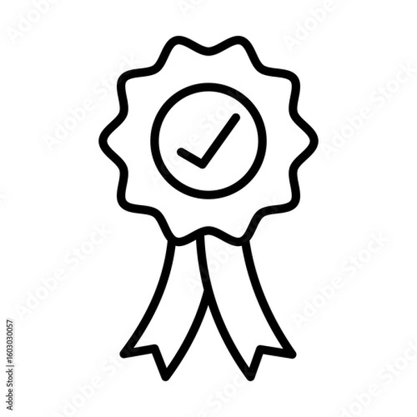 Fototapeta Award Badge Icon with Check Mark. Black Outline Vector Illustration. This vector illustration features a stylized award badge or ribbon symbol, depicted in a clean outline style.