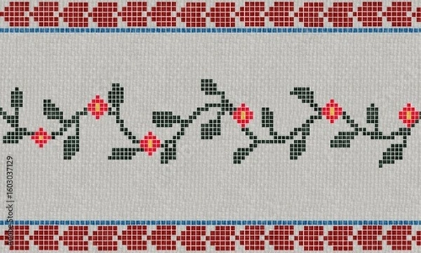 Fototapeta Cross stitch floral vine embroidery on linen with red folk flowers and copy space. Ideal for craft projects, holiday designs, and textile backgrounds.