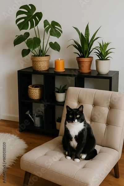 Obraz モノトーンの猫と観葉植物に囲まれた北欧風リビング｜ベージュのアームチェアと木製床が映える癒しの室内インテリア空間｜ナチュラルな暮らしの一瞬