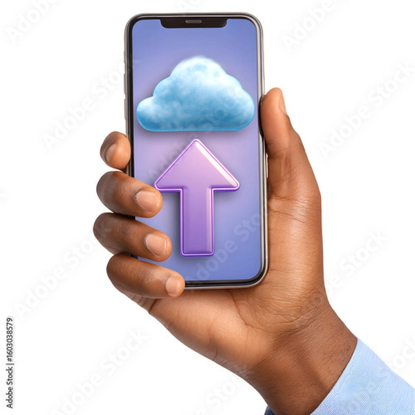 Fototapeta Hand holding smartphone displaying cloud upload icon isolated on transparent background