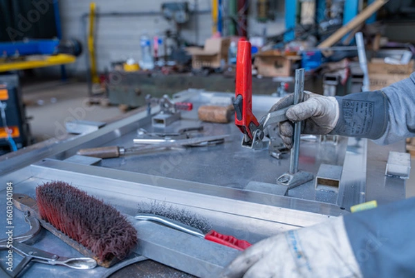 Fototapeta Mains d’un technicien travaillant une pièce métallique sur son établi, avec plusieurs outils disposés en vrac autour de lui dans un atelier.