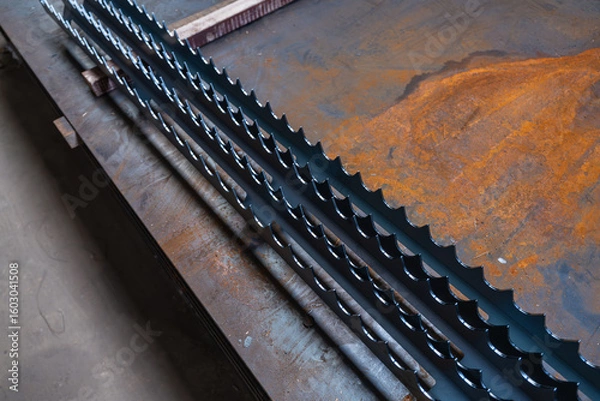 Fototapeta Pièces industrielles métalliques découpées avec précision par machine laser dans un atelier de fabrication moderne.