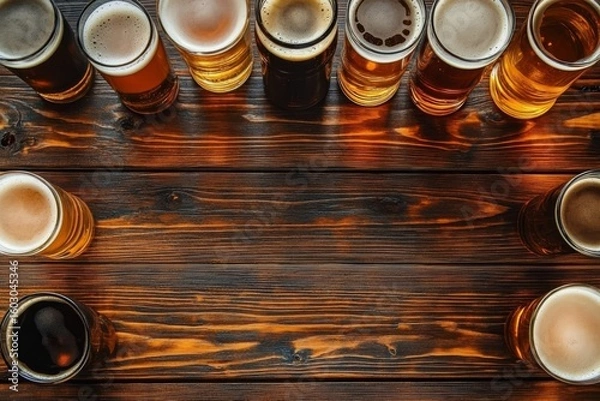 Fototapeta Craft Beer Flight Top-Down View of Assorted Beers on Rustic Wood ,Brewery , Tasting