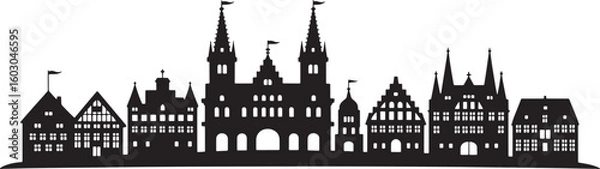 Fototapeta Detailed Silhouette of a European Cityscape with Historic Buildings and Towering Structures
