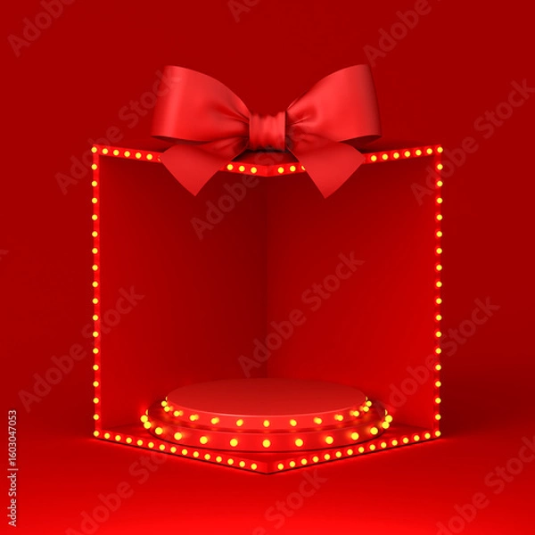 Fototapeta Blank red round podium pedestal in red exhibition booth gift box corner product display mockup showcase stand with red ribbon bow and retro light bulbs on dark red background idea concept 3D rendering