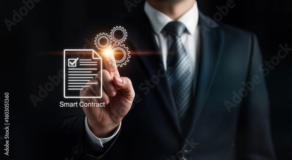 Fototapeta A businessman in a suit touches a digital icon representing a smart contract with gears