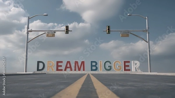 Fototapeta Dream bigger text on road with traffic lights and cloudy sky background motivational concept render