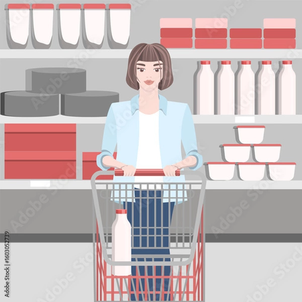 Fototapeta A girl in a store with a shopping basket. Supermarket vector illustration.