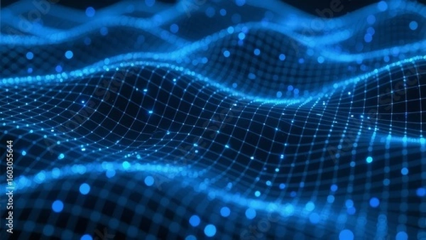 Fototapeta Dynamic Blue Digital Wave with Illuminated Nodes and Grid Pattern