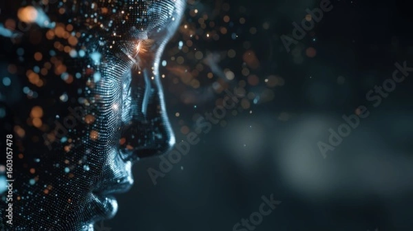 Fototapeta Side view of a digital human face with glowing particles against a dark abstract background