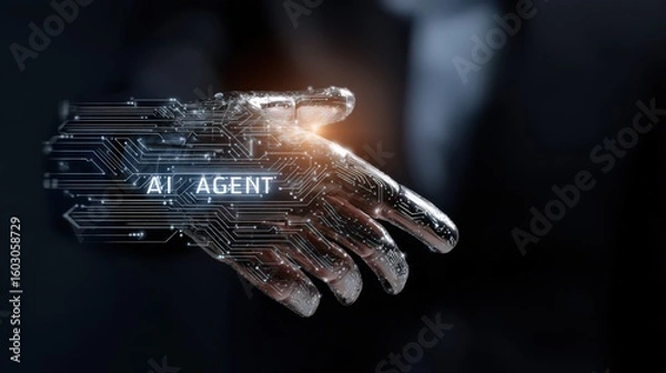 Fototapeta A metallic hand with ai agent text and circuit board patterns on a dark blurred background