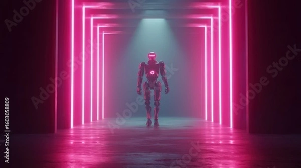 Fototapeta A robot walking down a corridor with pink neon lights illuminating the futuristic scene ahead of the robot