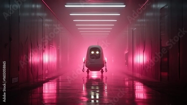 Fototapeta A small robot stands in a hallway with pink lighting and a reflective floor creating a futuristic scene