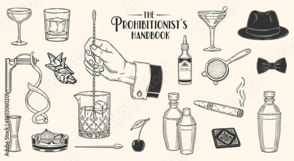 Fototapeta Prohibition era speakeasy and cocktail illustration set in a vintage engraving style. Retro bartender tools, drinks, and 1920s elements for bar menus, invitations, and mixology branding.