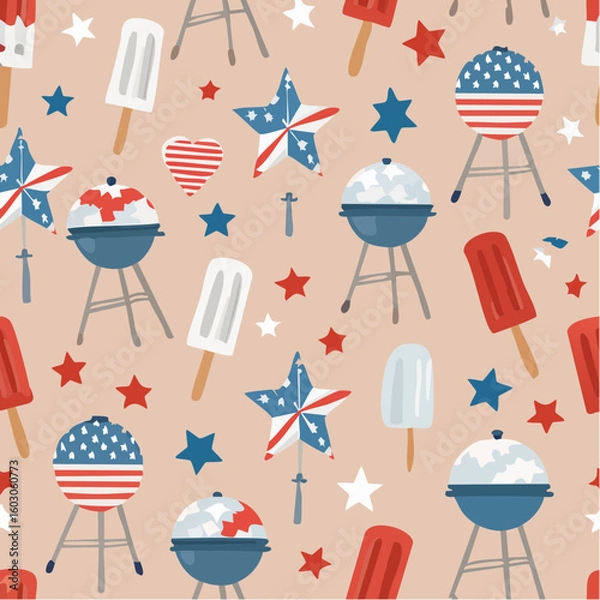 Obraz Seamless pattern featuring patriotic elements: stars, stripes, heart, popsicles, and barbecues on a light brown background.