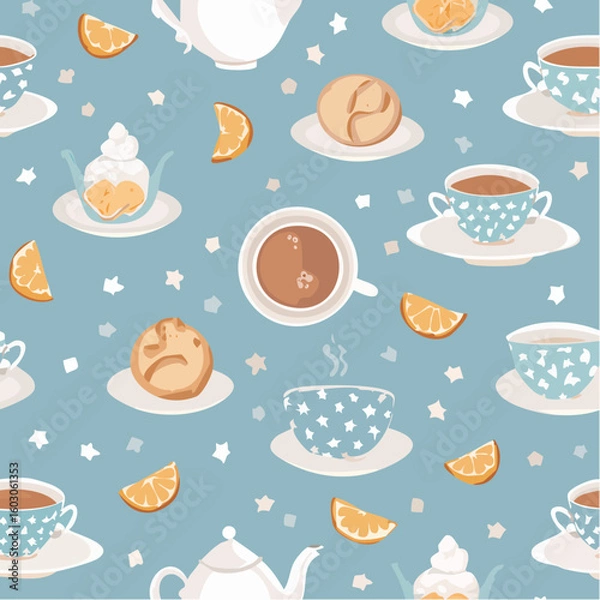Obraz Delightful pattern of tea cups, teapots, cookies, and orange slices on a blue background.