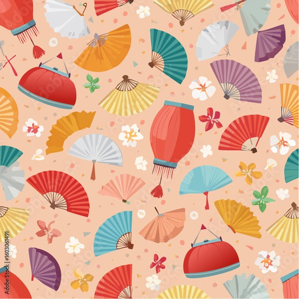 Obraz Colorful, patterned illustration featuring various hand fans, lanterns, and floral elements, creating a festive design.