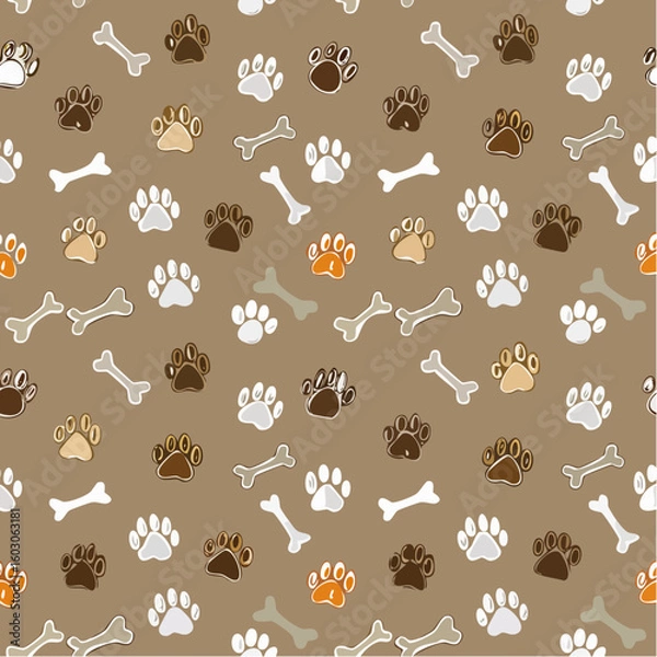 Obraz A charming and playful seamless pattern featuring a repeating arrangement of dog paw prints in various colors and stylized dog bones on a warm, neutral background.