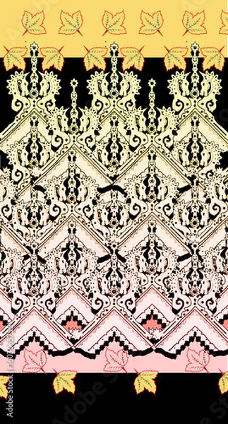 Fototapeta Beautiful ethnic pattern, painted. Art lines, patterns, wooden carving in ethnic style. Graphic drawing, hand-drawn graphics. Geometric ornamentation in Russian, Indian, and Chinese styles. 