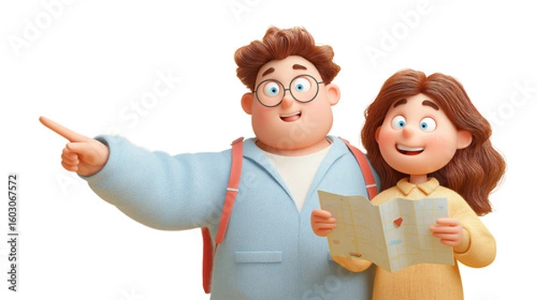 Fototapeta Smiling 3D Cartoon Tourists Exploring with a Map